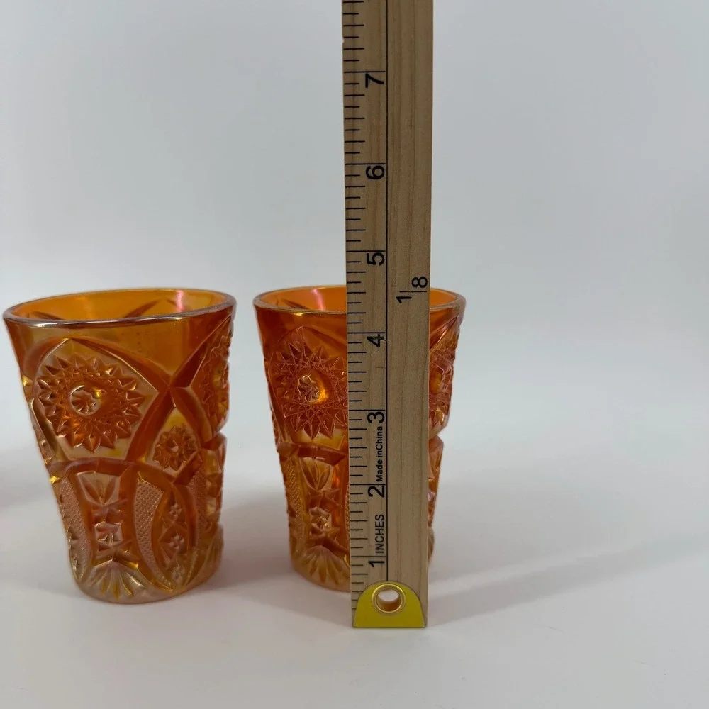 L.E. Smith Marigold Carnival Glass Daisy Button Juice Tumblers Set of‎ 4 4in